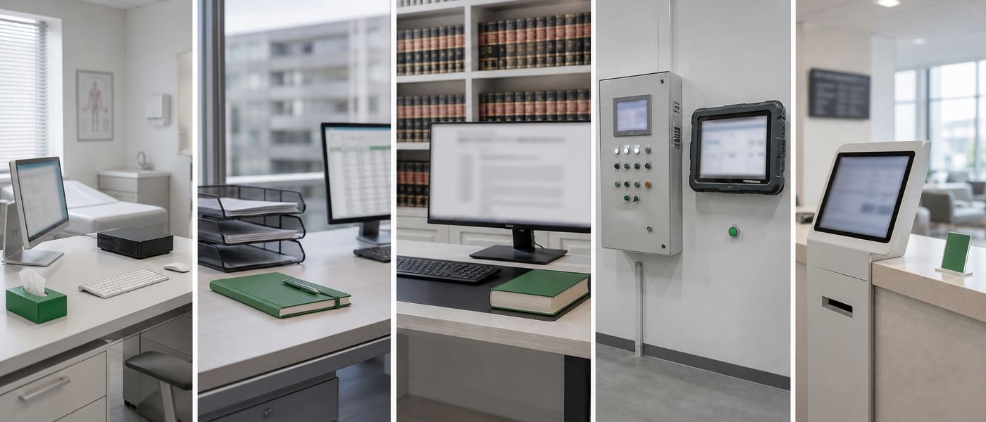 Five workplace technology setups, a clinic terminal, finance desk, legal office screen, factory panel and service counter kiosk