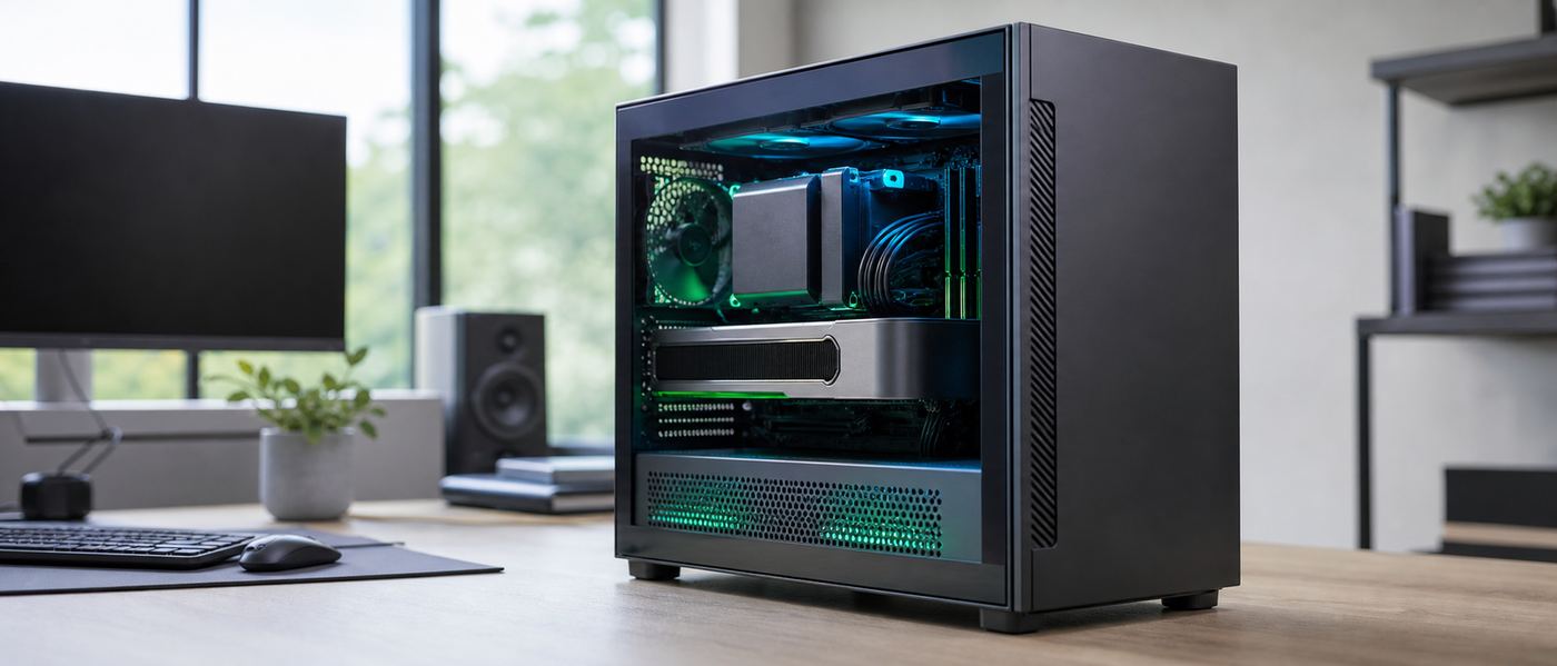 Close-up photo of a capable on-premise AI workstation with GPU visible through a tempered glass side panel, humming quietly in a tidy office corner