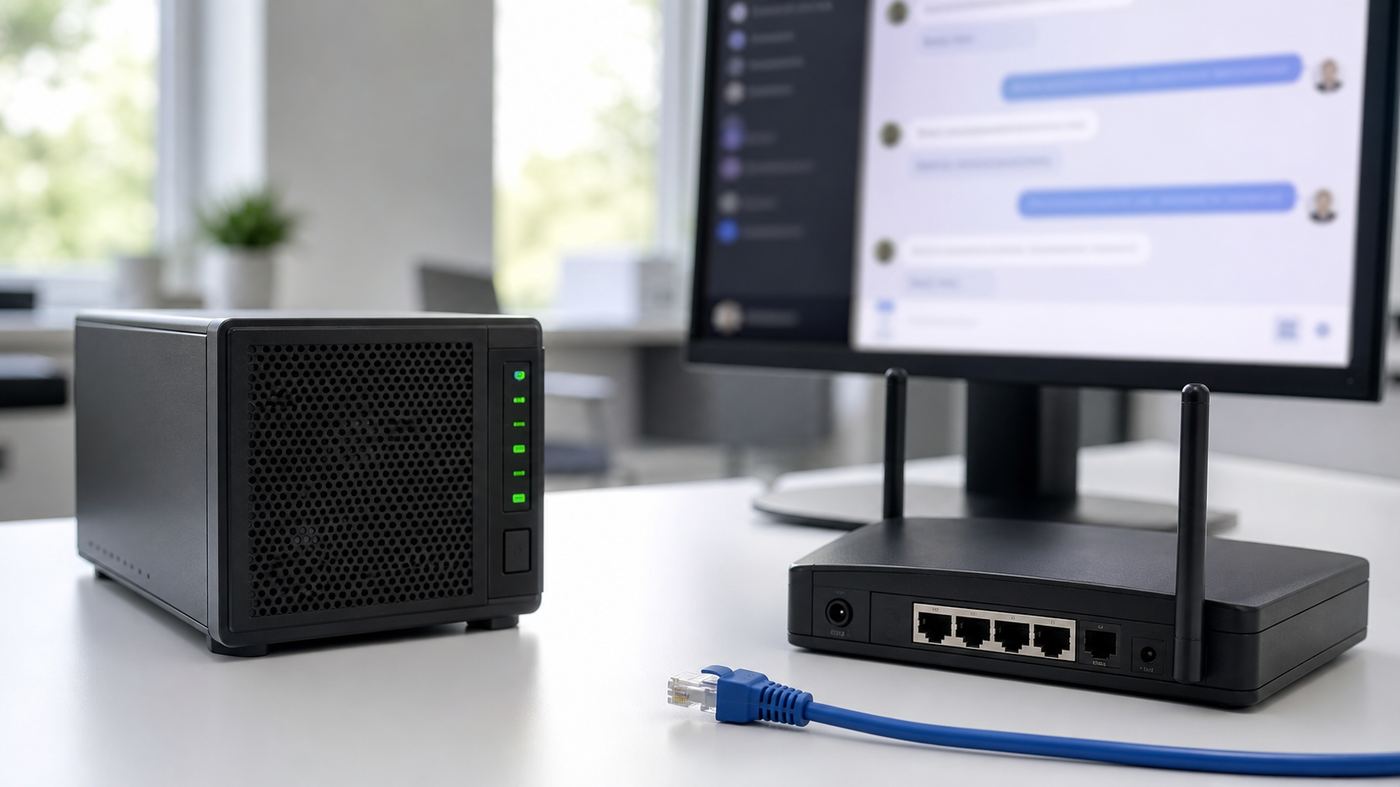 Local AI server running normally while the internet uplink cable sits unplugged
