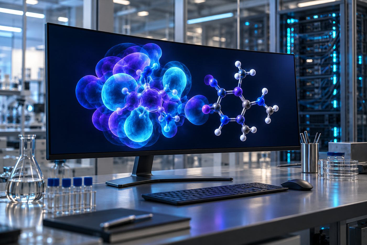 A molecular orbital on a research workstation, with a rack of GPU servers behind a glass partition