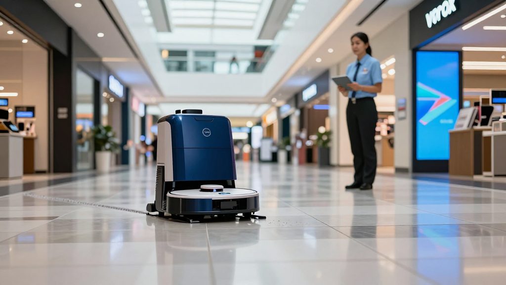 Commercial Vacuum and Mop Cleaning Robot System - an autonomous scrubber working a commercial floor