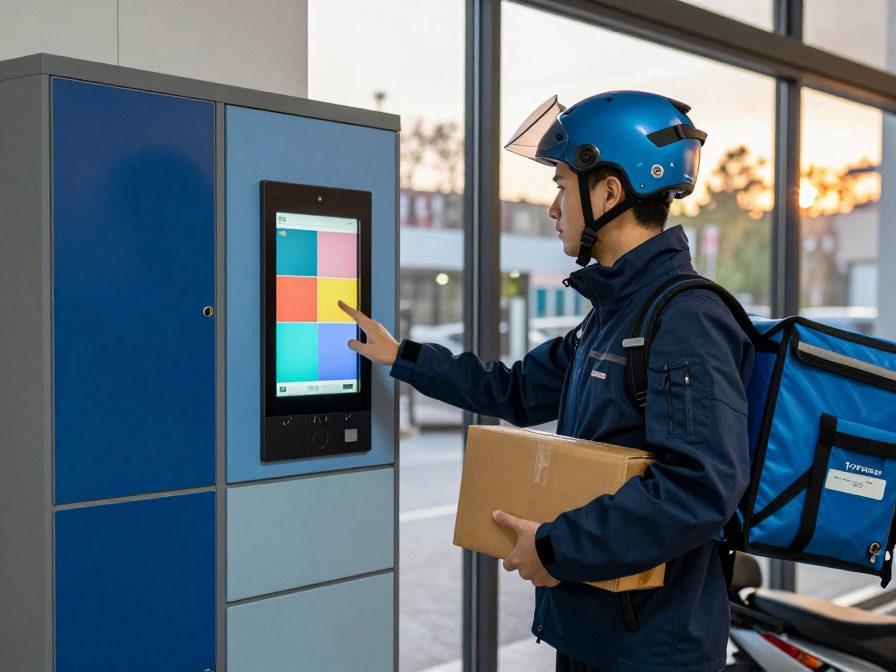 Delivery Lockers - Courier logs a delivery at the cabinet touchscreen