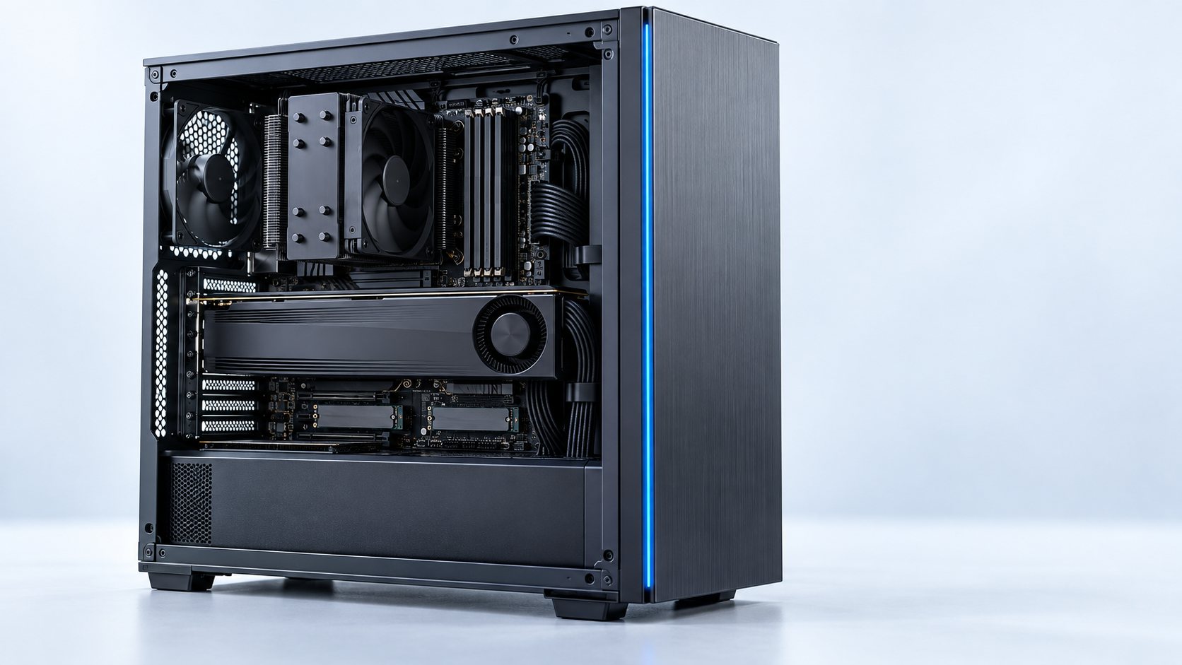 An AI workstation server with its side panel removed: a professional GPU, a tower CPU cooler, four DDR5 memory modules and two NVMe drives