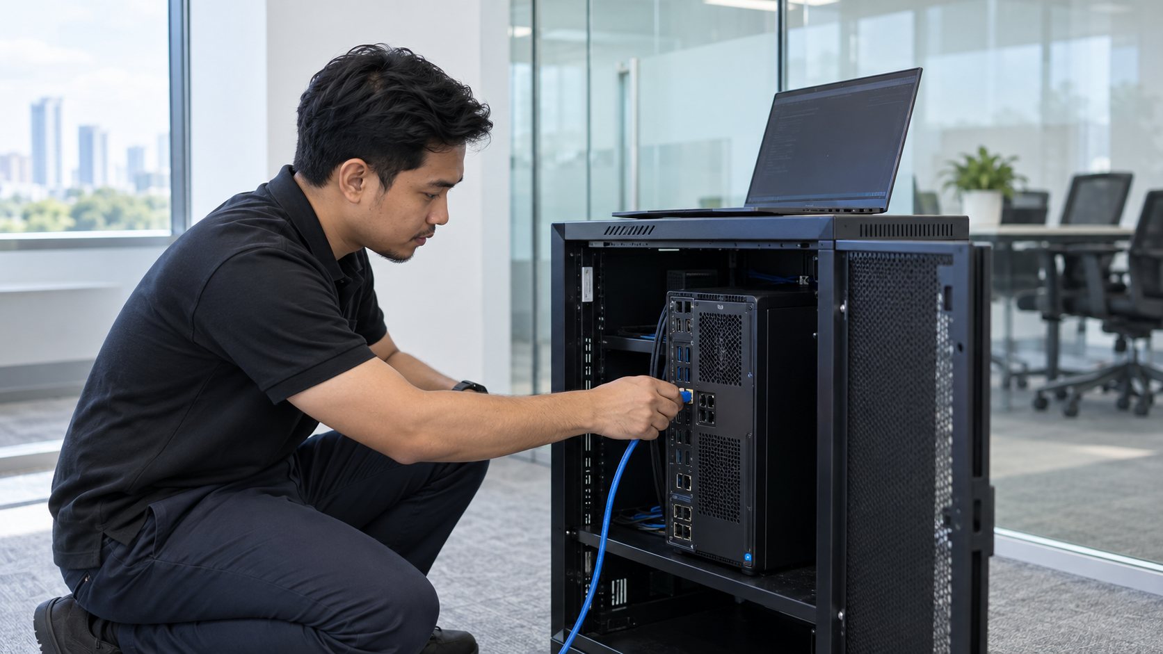An engineer connecting a workstation AI server inside a client's office network cabinet