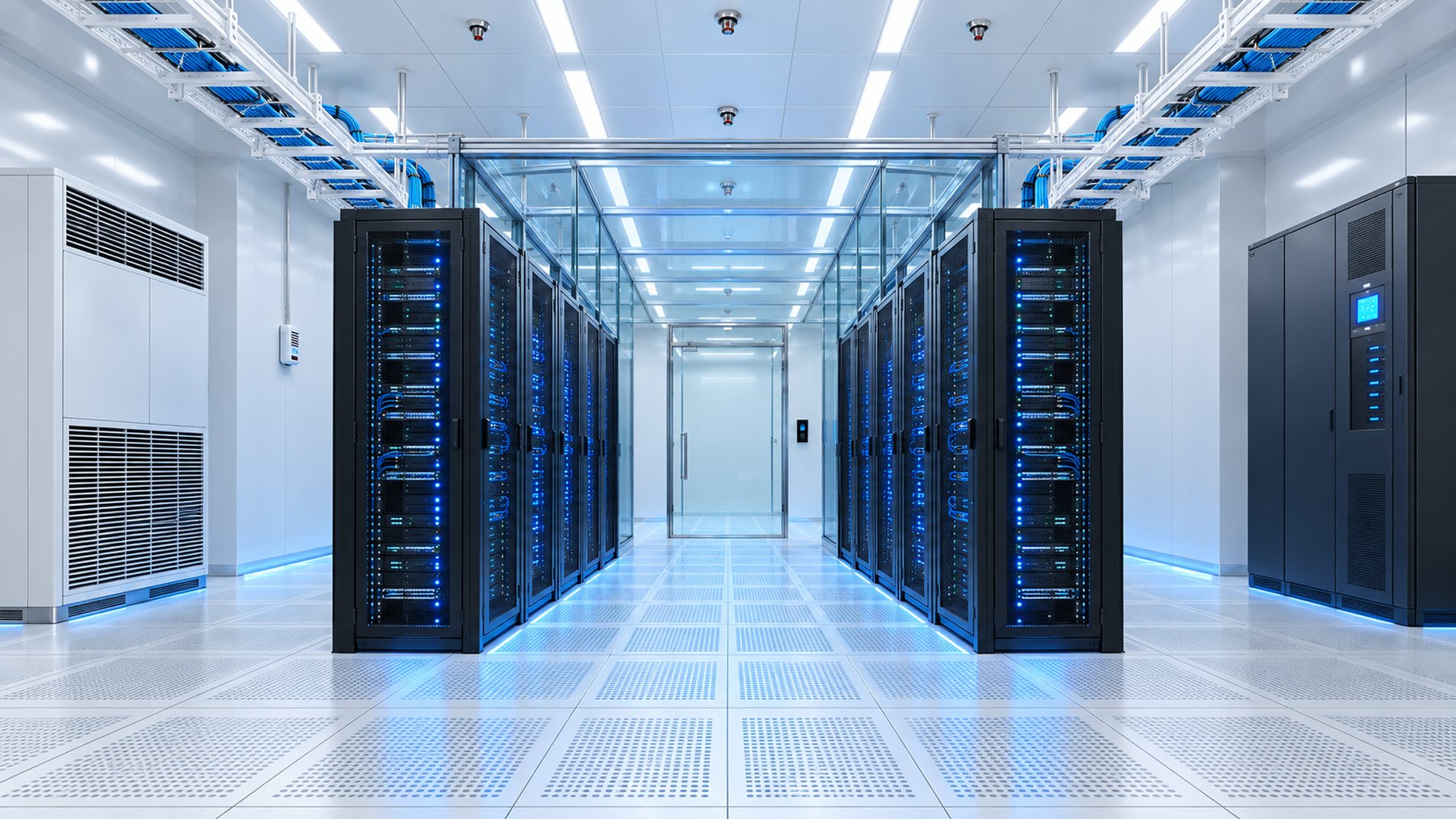 A server room: two rows of racks around a cold aisle, precision air conditioning on the left wall, a UPS and power cabinet on the right wall, cable trays and fire suppression overhead, a controlled door at the end