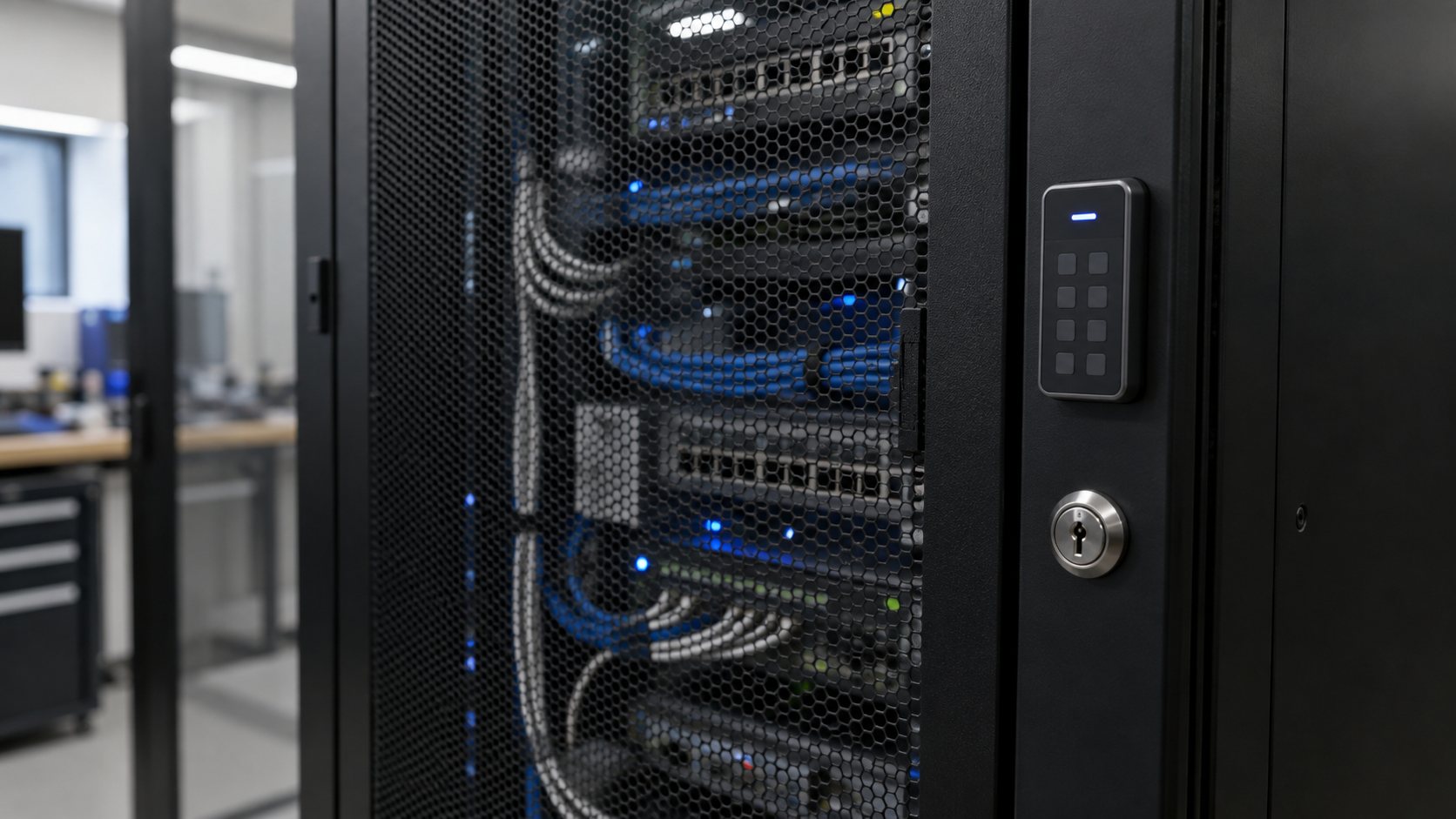 A locked network cabinet with a card reader, a server and patch cables inside