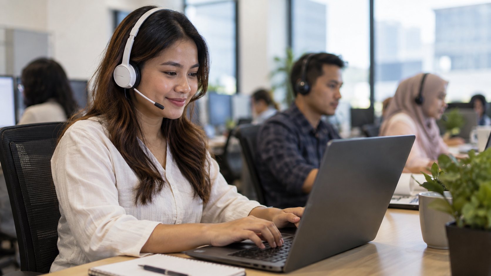 Customer Support staff member working with the private AI on a laptop