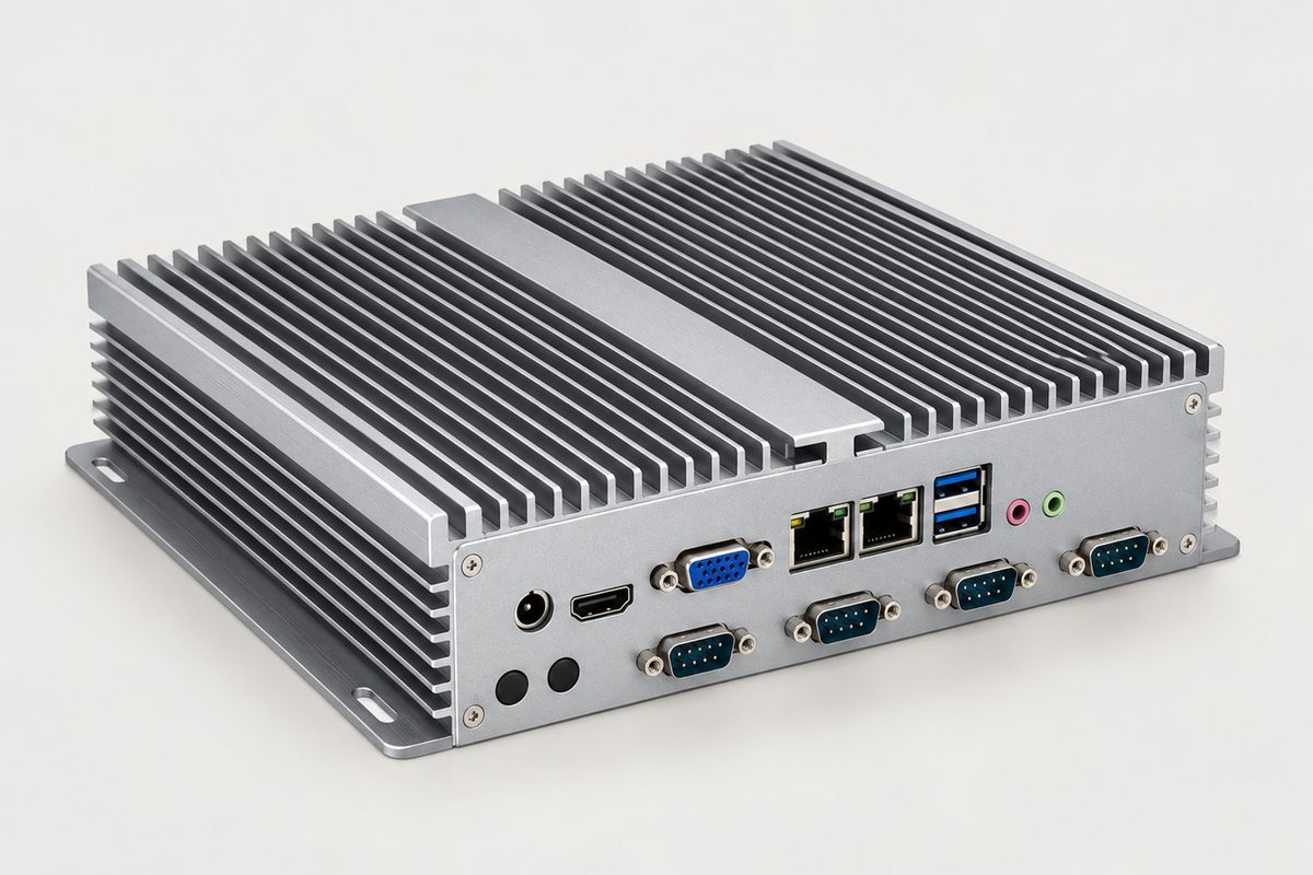 Embedded industrial computer: Front three-quarter view