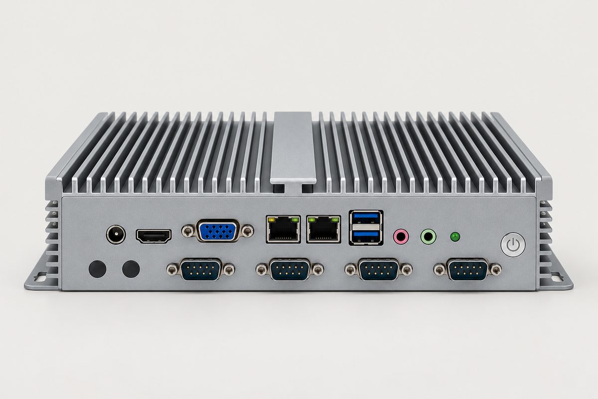 Embedded industrial computer: I/O panel with serial COM and LAN ports