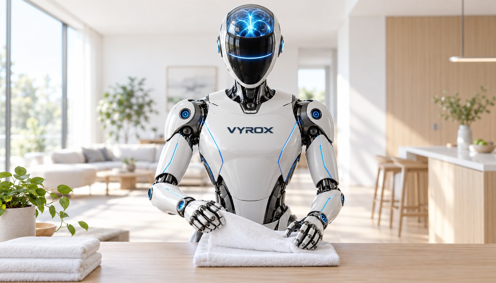 A VYROX humanoid robot folding a towel at home: an AI brain glows in its head, IoT sensors light its shoulders and wrists