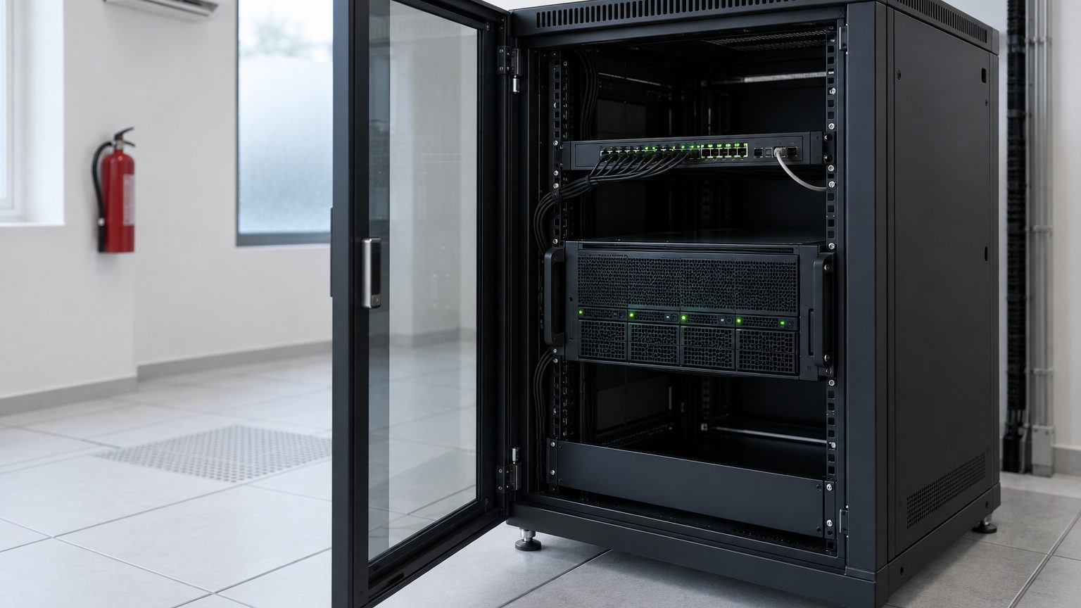 An on-premise AI inference server in a client's own server room, green status lights showing across the GPU node and network switch