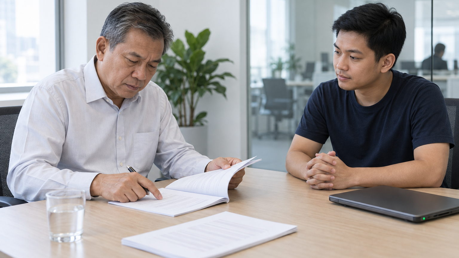 A company director reviewing a written proposal across a meeting table with a VYROX engineer