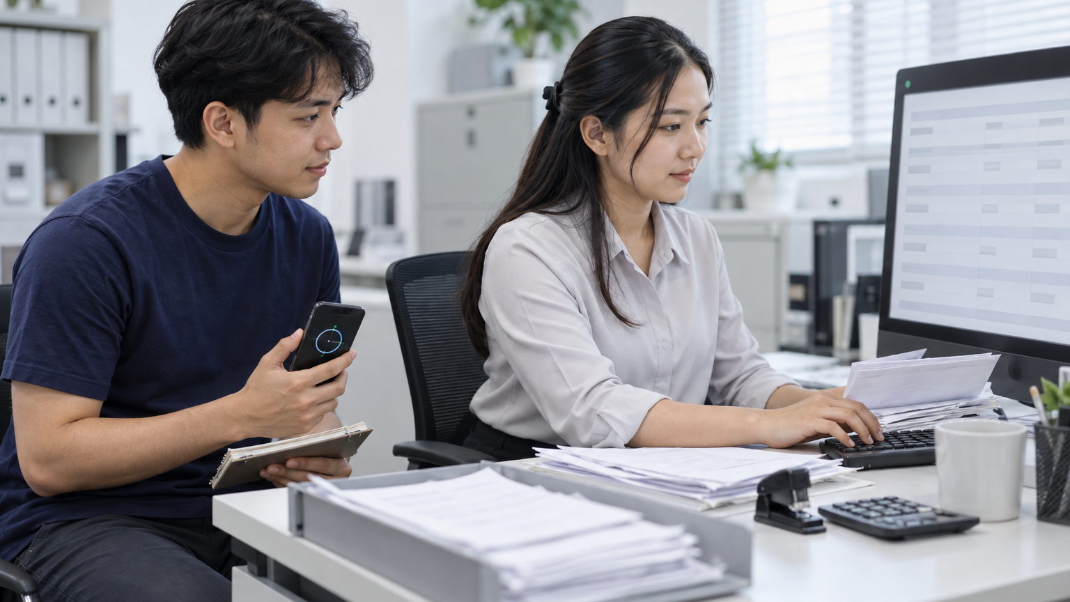 A VYROX engineer sitting beside a client's admin staff at her own desk, timing how a batch of paper invoices is actually keyed into the system