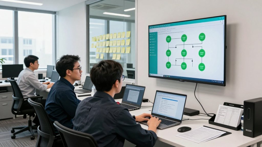 VYROX forward deployed engineers working alongside a client's own admin and finance staff, reviewing a workflow automation diagram on a wall monitor