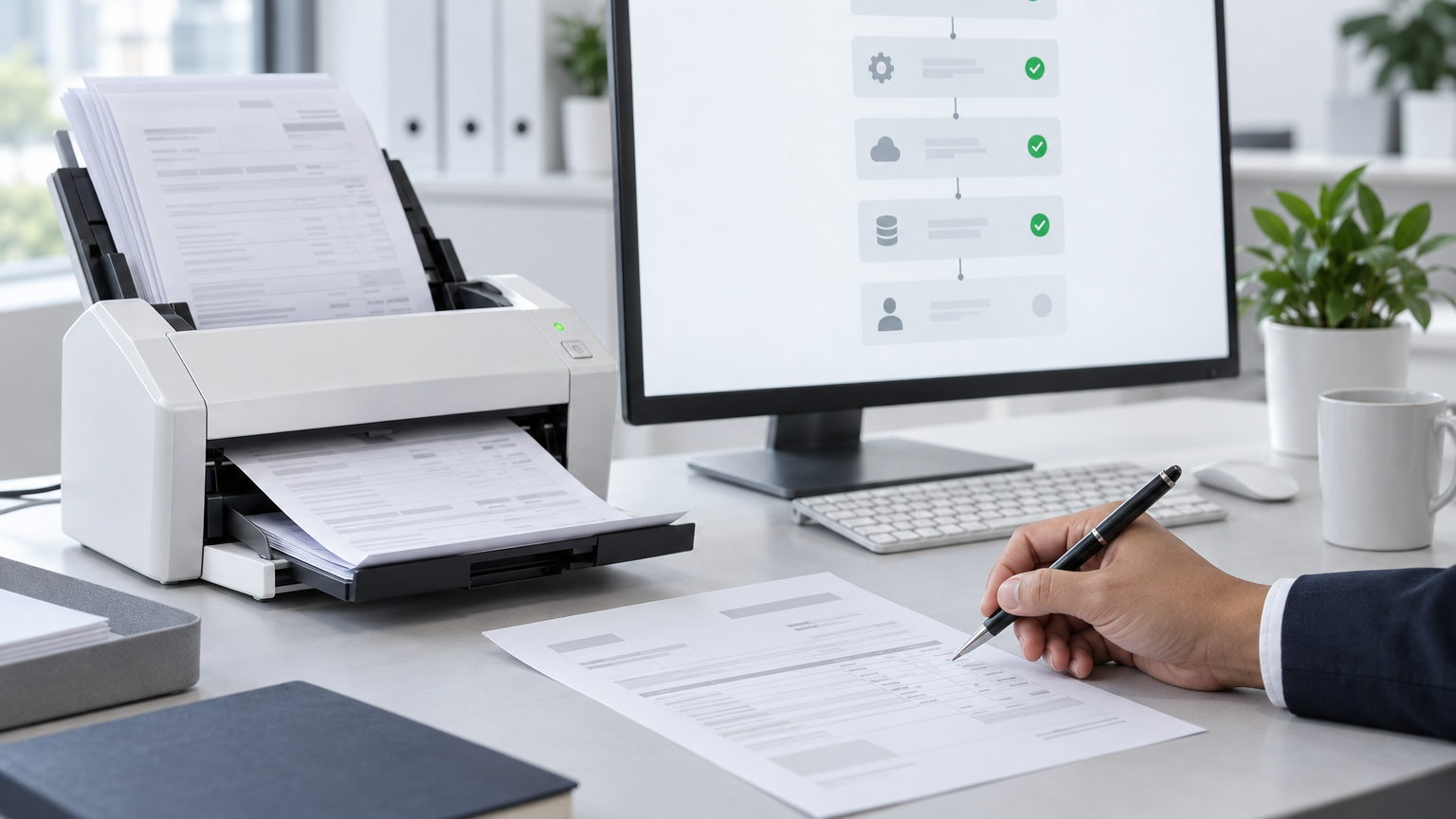A desktop scanner feeding paper invoices beside a monitor showing an automated document workflow with steps ticked in green, while a finance manager signs off the one item that needs a human decision