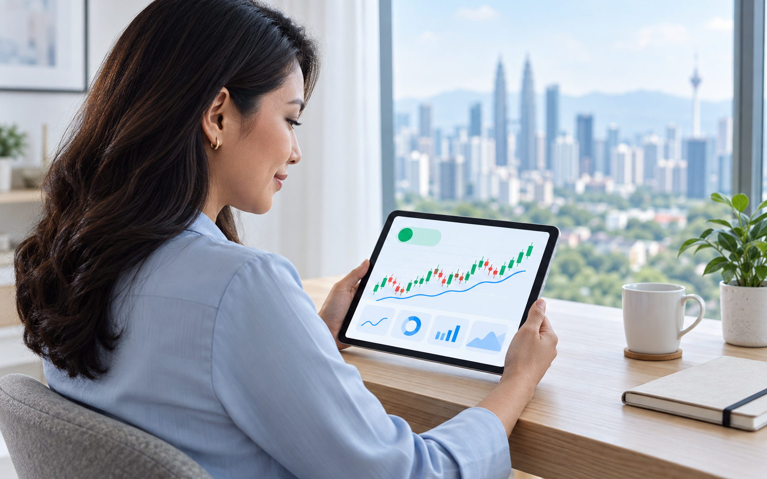 A Malaysian investor at her desk reviewing GuluStock's AI trading dashboard with a candlestick chart on a tablet, Kuala Lumpur skyline behind her