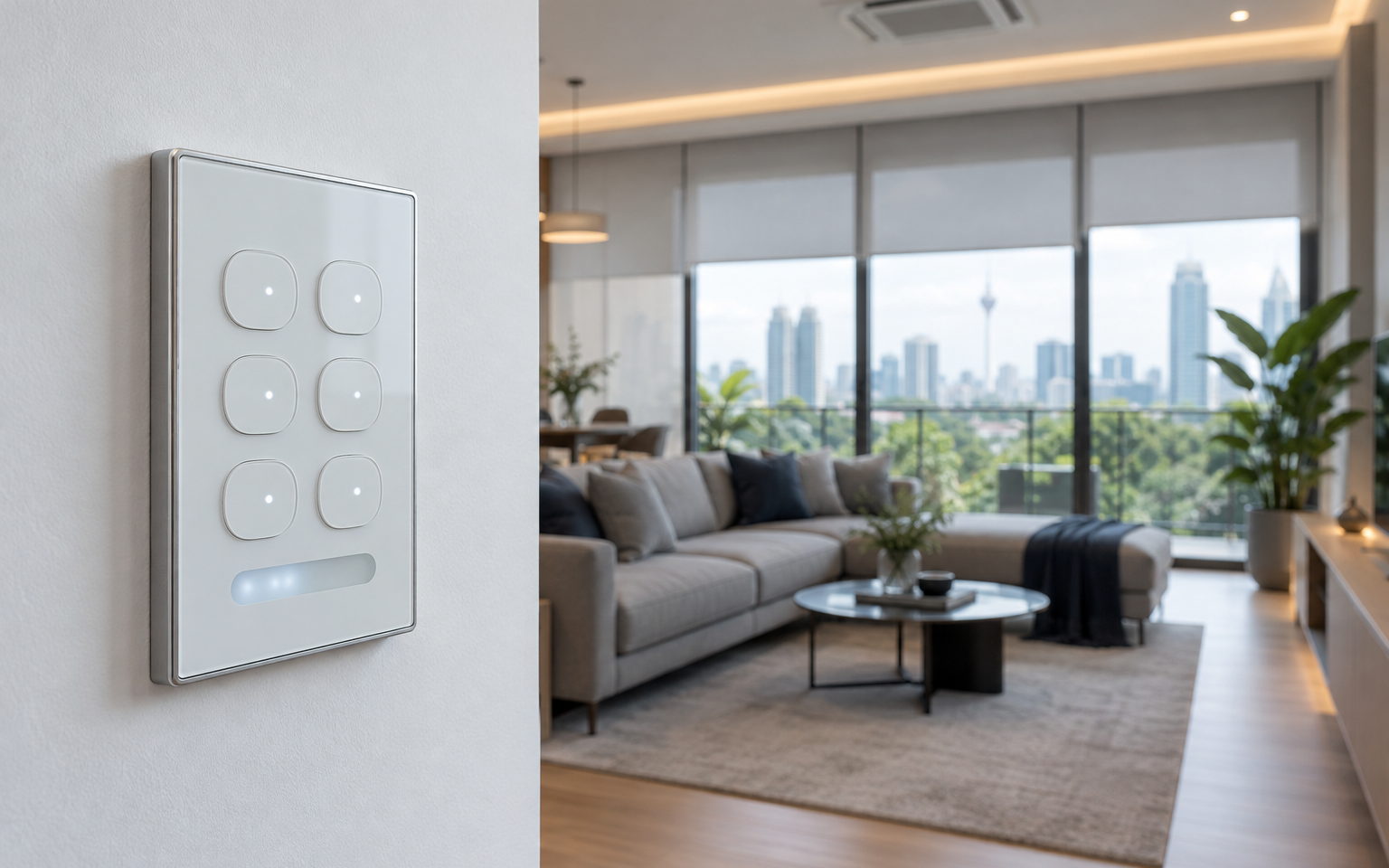 A KNX glass push-button panel on the wall of a Kuala Lumpur condominium living room with motorised blinds, dimmed lighting and the city skyline outside