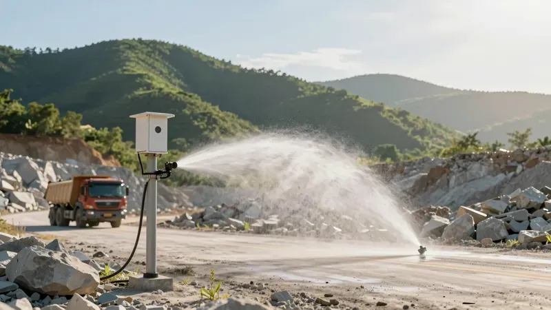 Dust suppression sprinklers on a haul road with a monitoring station