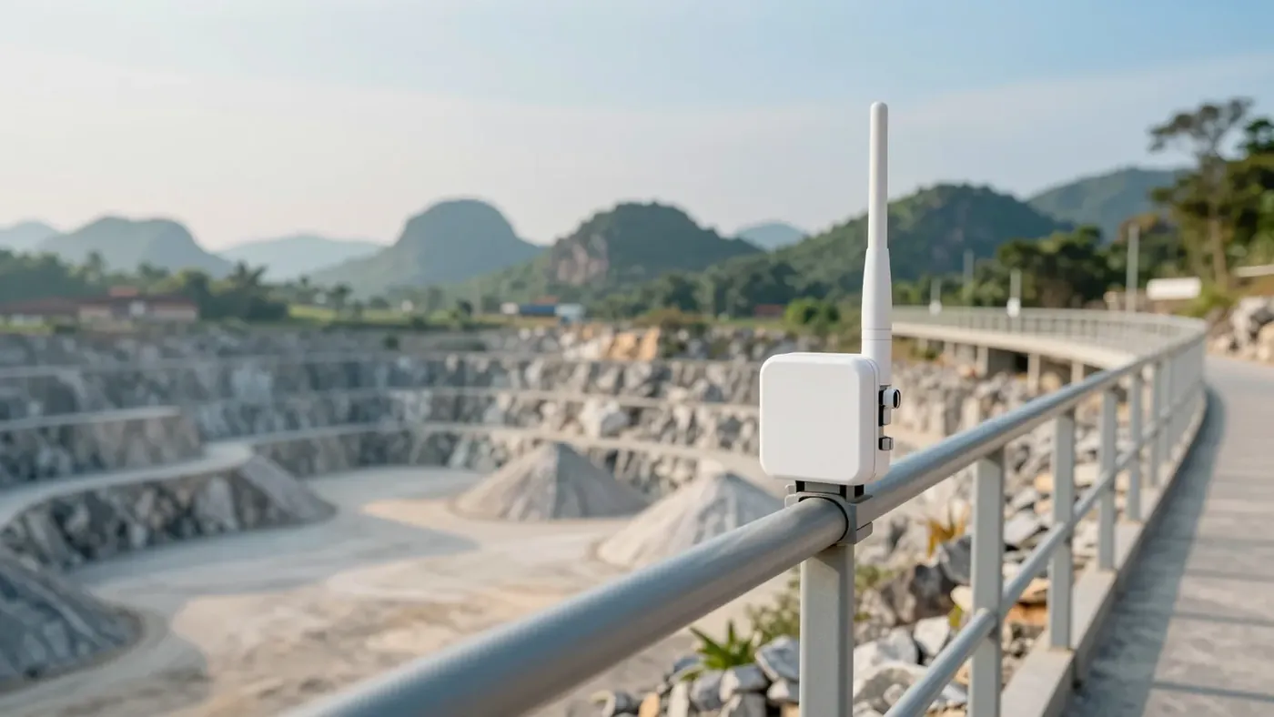 A VYROX sensor on a crushing plant walkway overlooking a limestone quarry