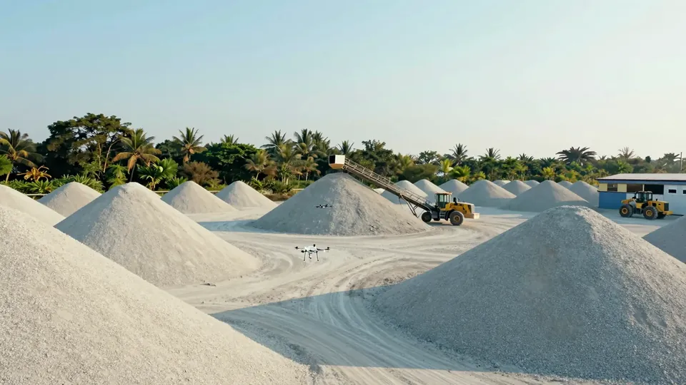 Conical aggregate stockpiles with a stacker and a survey drone