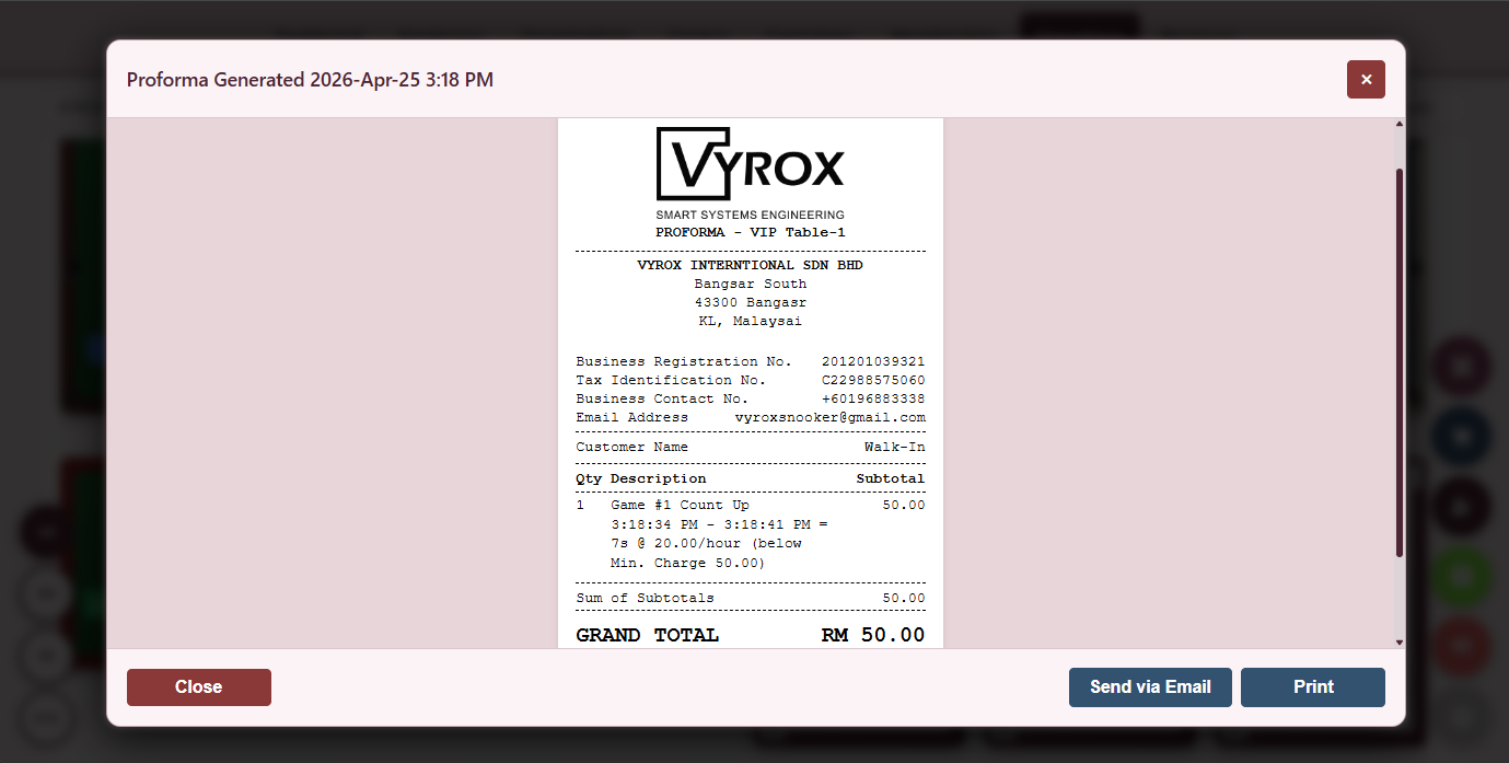 Snooker King software — Proforma Receipt screenshot showing a printable proforma receipt with booking date, table number, player names, deposit collected and balance due