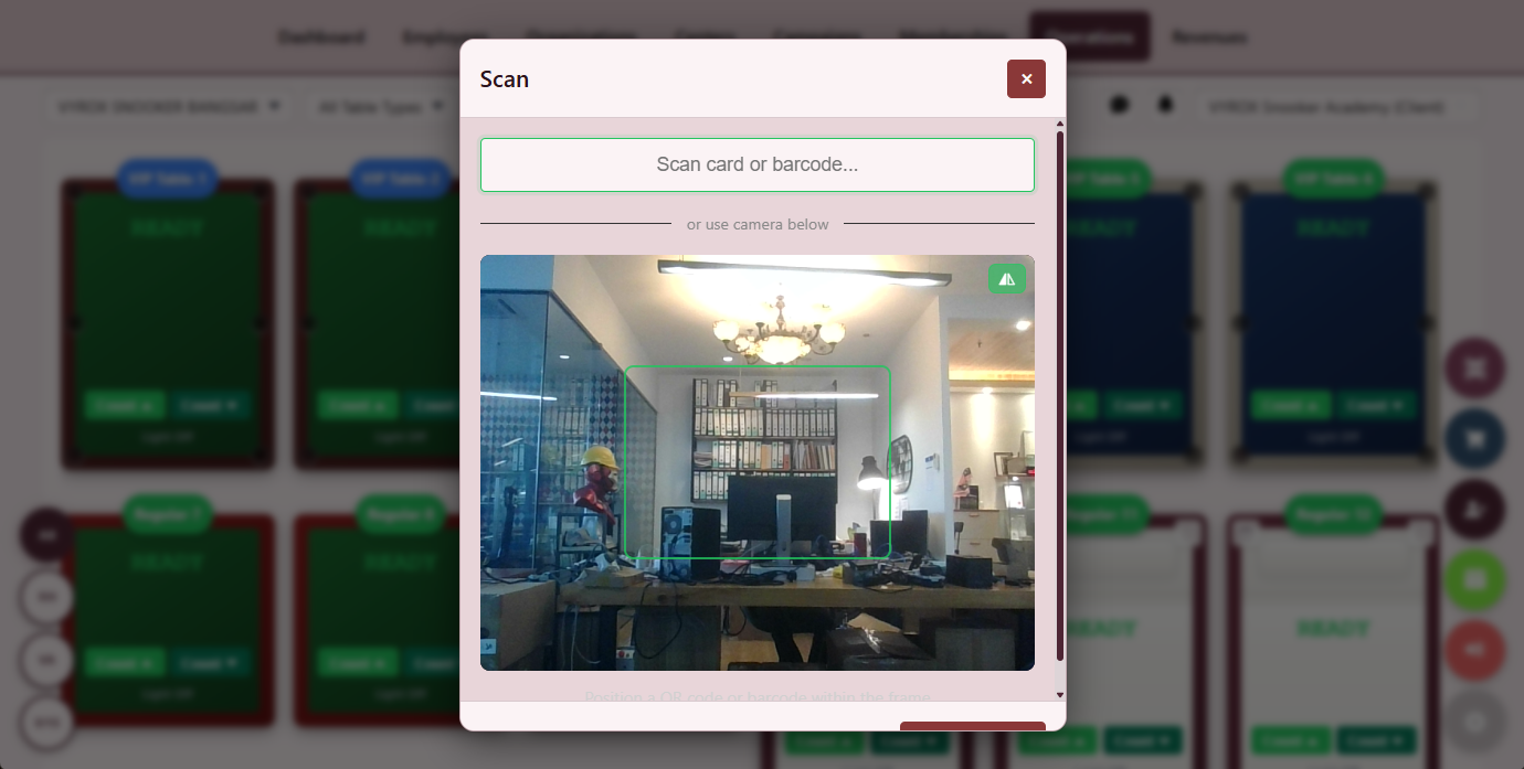 Snooker King software — RFID and QR scanner dialog showing the operator-side card scan and QR code input modal used to start or end a table session by scanning a member card or table QR