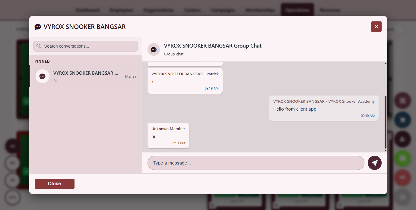 Snooker King software — Operator Group Chat screenshot showing a real-time group chat panel where centre operators, owners and head office staff exchange messages, share screenshots and tag shifts