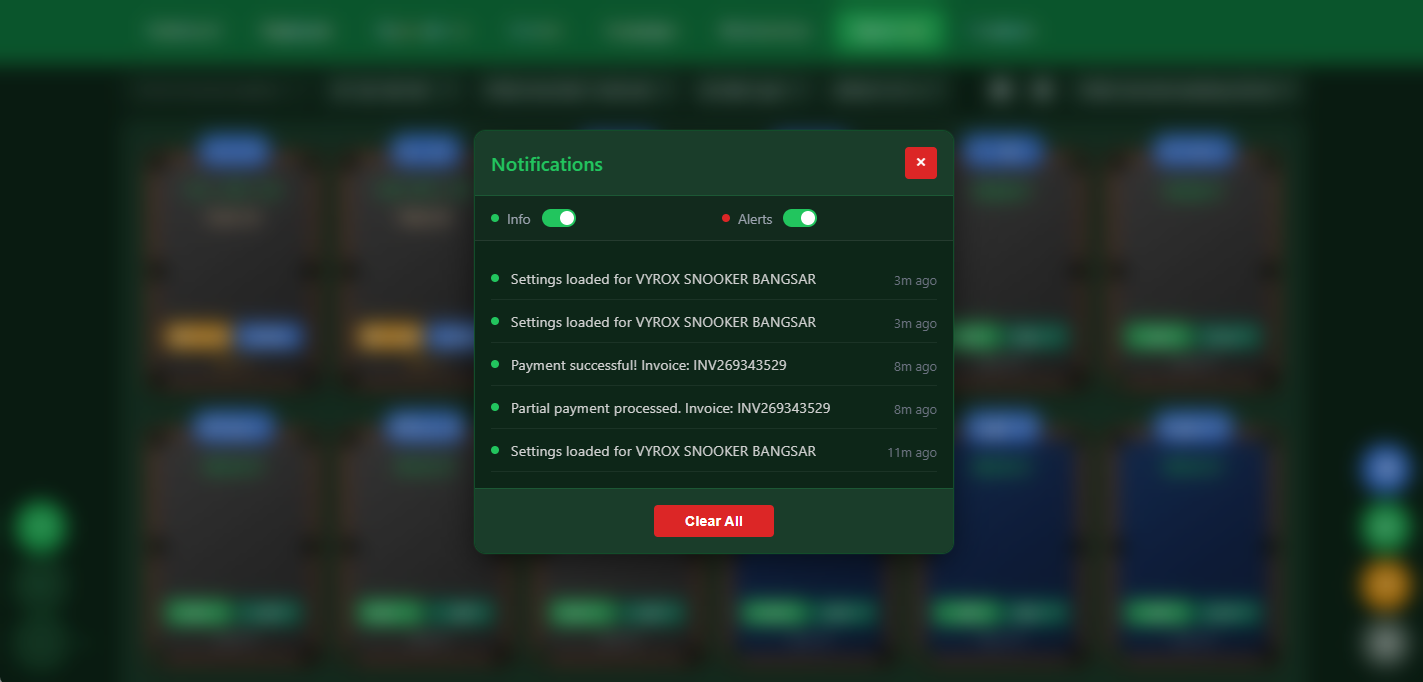Snooker King software — Notification Detail screenshot showing a single notification card showing event type, payload preview, timestamp and a deep link back to the originating record