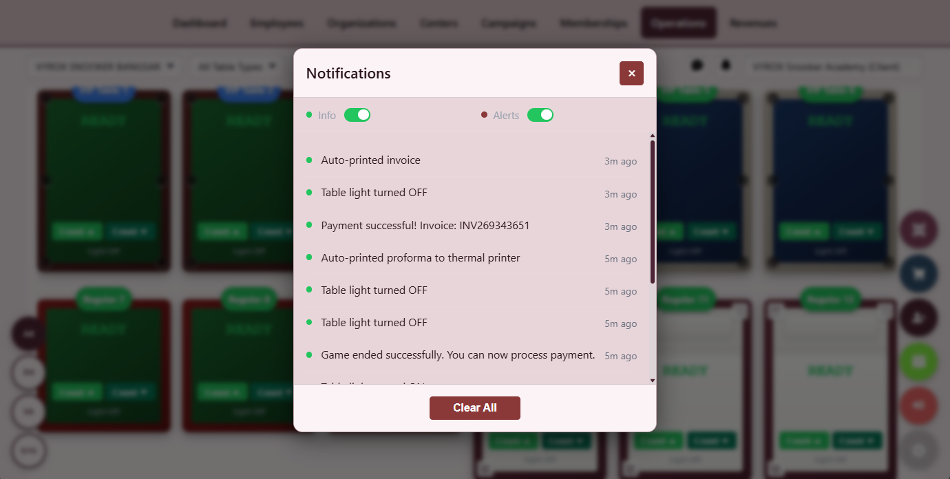 Snooker King software — Notification Inbox screenshot showing a chronological inbox of system notifications grouped by category with unread badges and bulk-mark-as-read controls