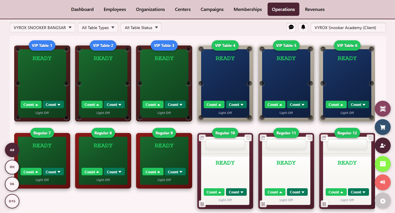 Snooker King software — Count-Up and Count-Down Timer screenshot showing a live table view with two timer modes: count-up for open-play and count-down for prepaid packages with auto-stop at zero