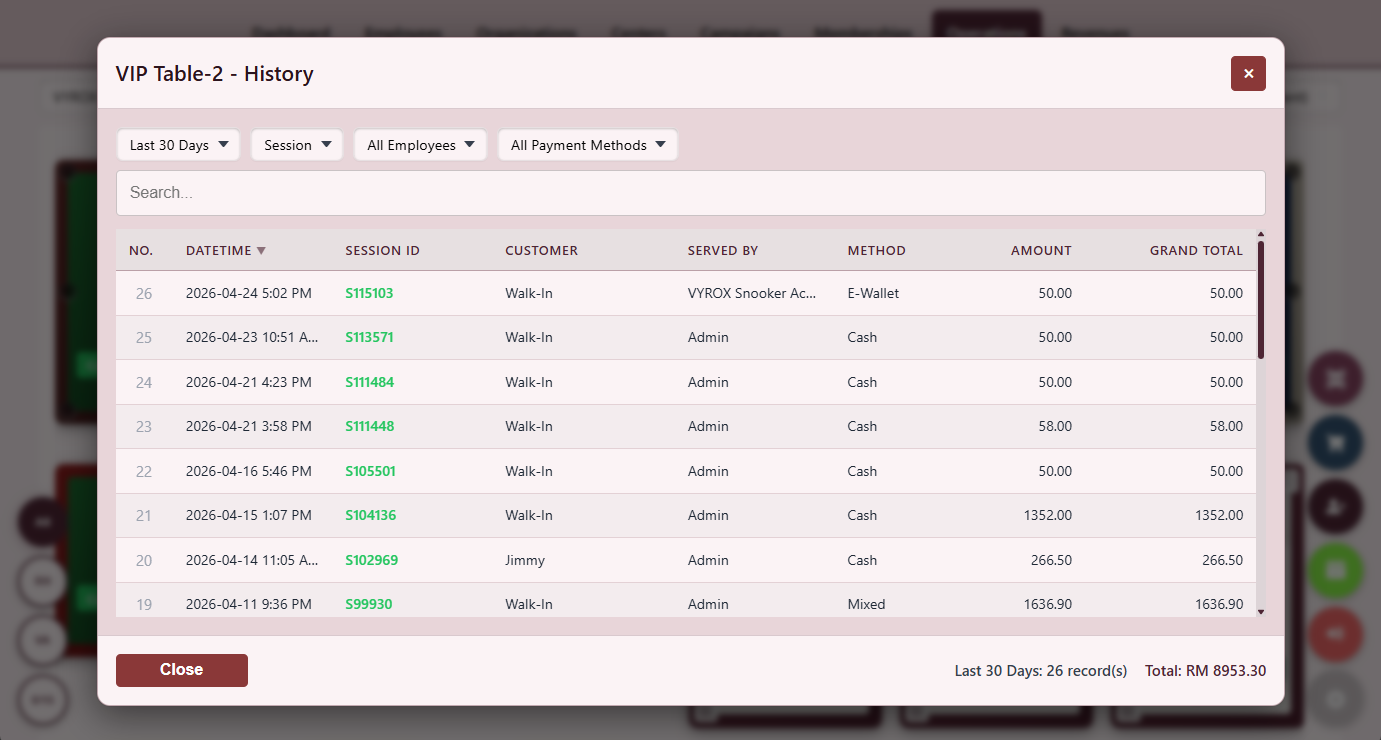 Snooker King software — Invoice History by Table screenshot showing a per-table ledger listing every completed invoice with start time, end time, amount and operator who closed the session