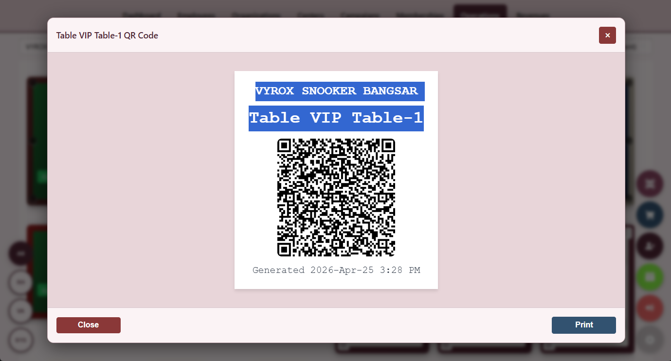 Snooker King software — Per-Table QR Code screenshot showing a configuration screen where each table generates a unique QR code that customers scan from their phone to view live charges