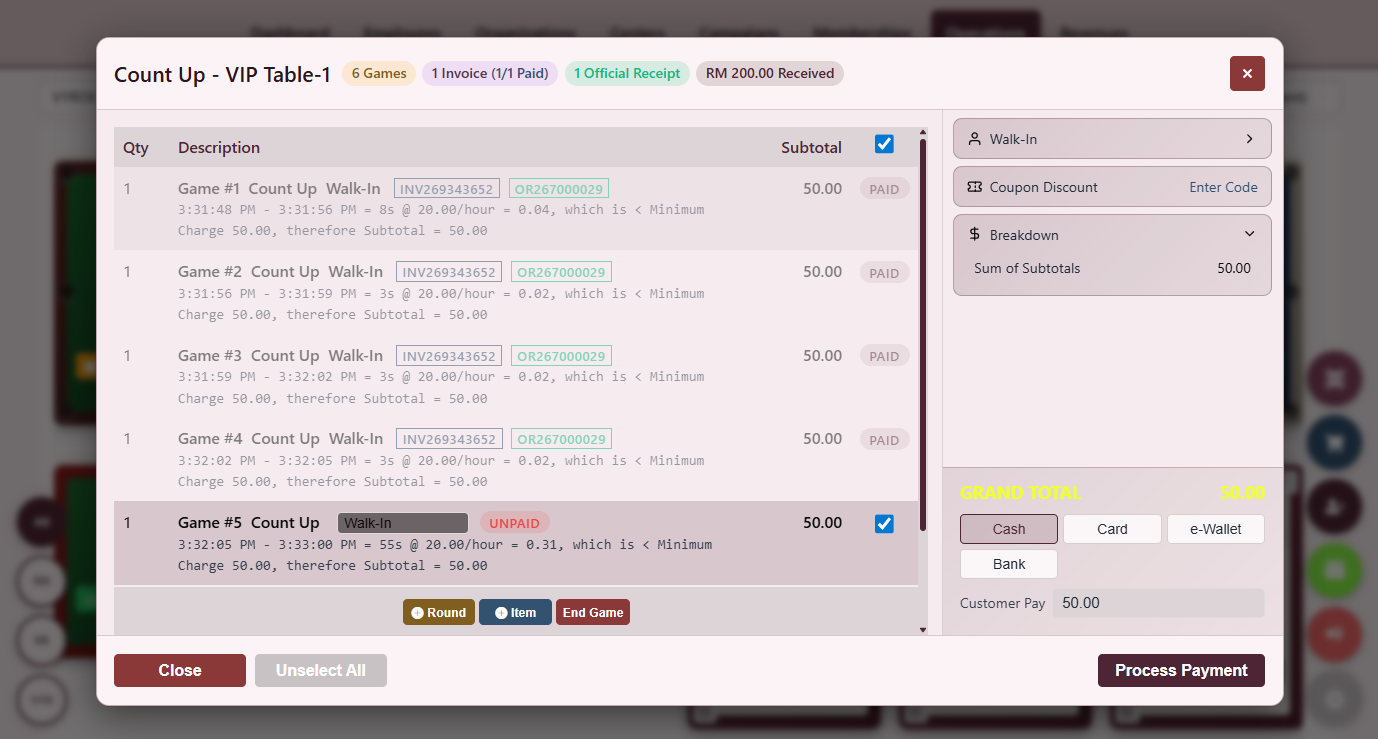 Snooker King software — Table Split Bill Section screenshot showing a split-bill workspace dividing one table session across multiple payers with proportional or item-level allocation