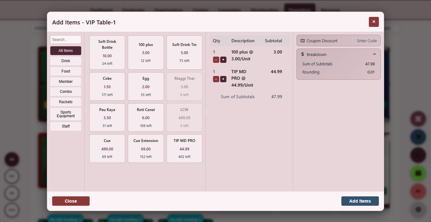 Snooker King software — Food and Beverage Point of Sale screenshot showing a touchscreen POS register with category tiles, modifier popups, send-to-kitchen action and live ticket preview