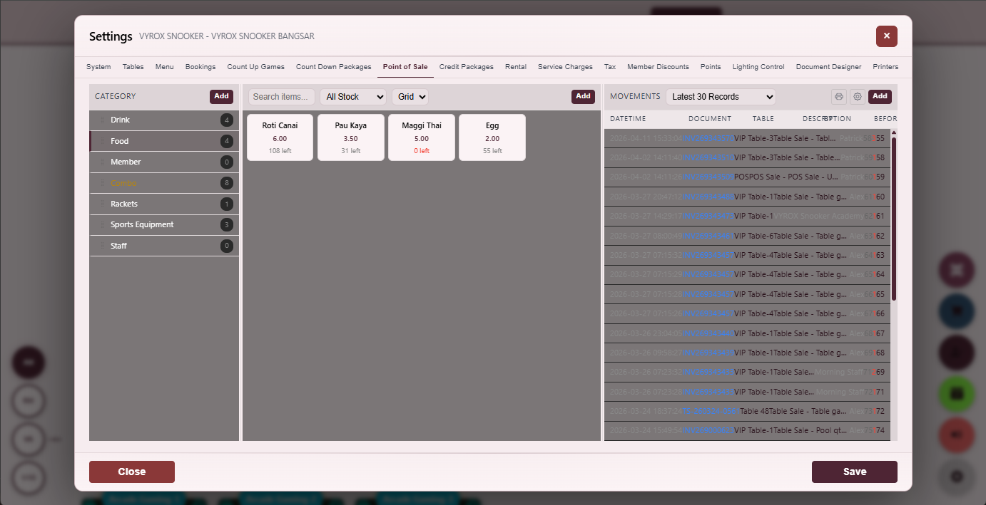 Snooker King software — POS Settings screenshot showing a settings page configuring tax rates, service charge, printer assignment, kitchen routing rules and POS receipt template