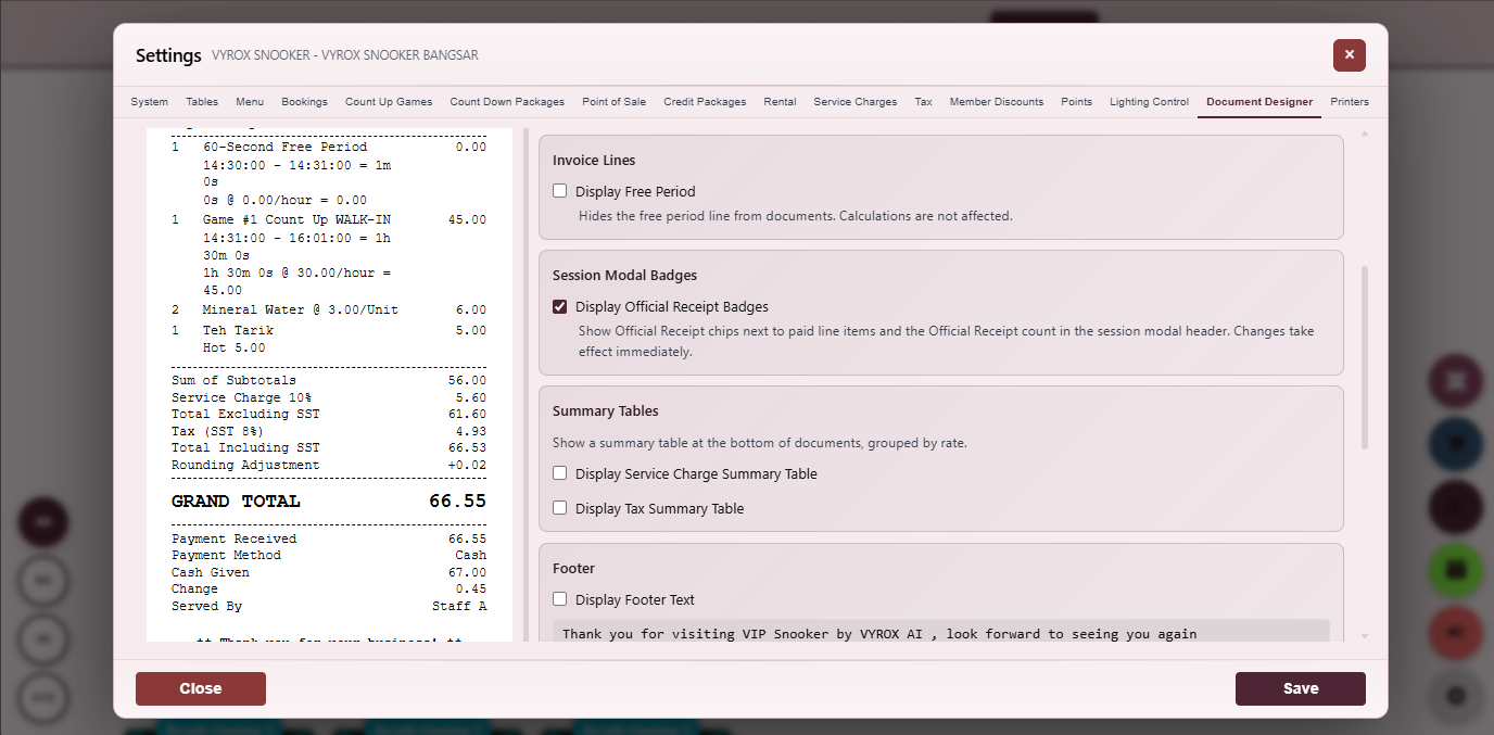 Snooker King software — Auto-Print Rules screenshot showing a rules engine that triggers automatic receipt or kitchen-docket printing on events such as game-end, payment-complete or order-confirmed