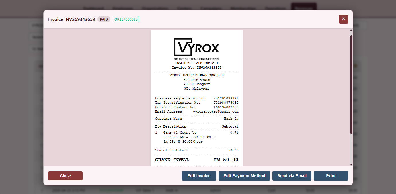Snooker King software — Customer Receipt screenshot showing a printed thermal receipt showing centre branding, itemised charges, taxes, payment method and a QR code for digital copy