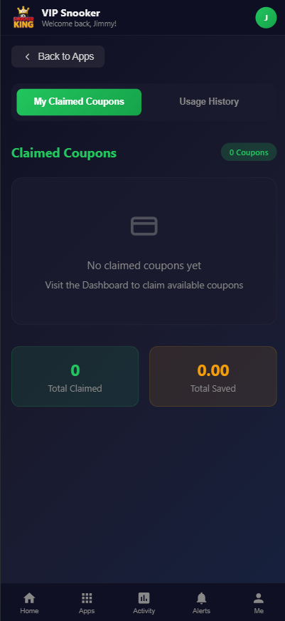 Snooker King software — Member App Coupon Claim screenshot showing a coupon claim screen on the member app where the user taps to redeem a campaign reward and sees an immediate balance update