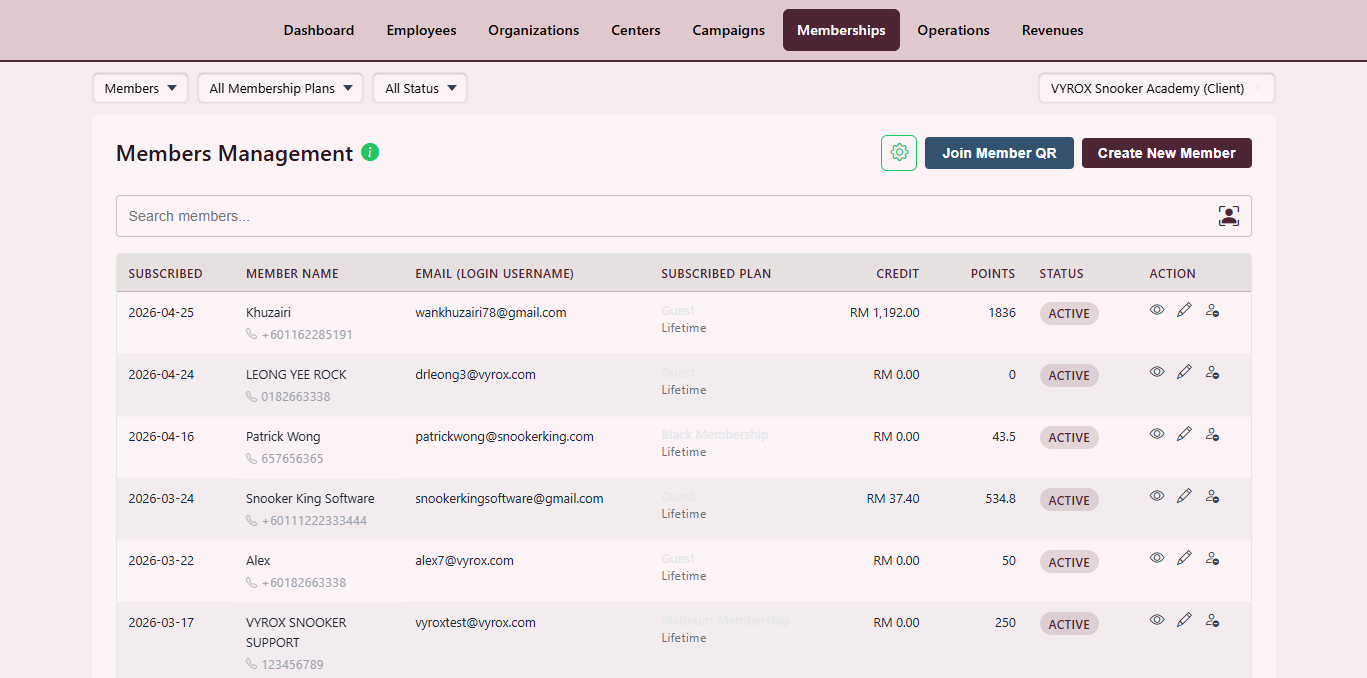 Snooker King software — Membership Member Directory screenshot showing a searchable directory of registered members with tier, join date, last visit, wallet balance and quick-action buttons