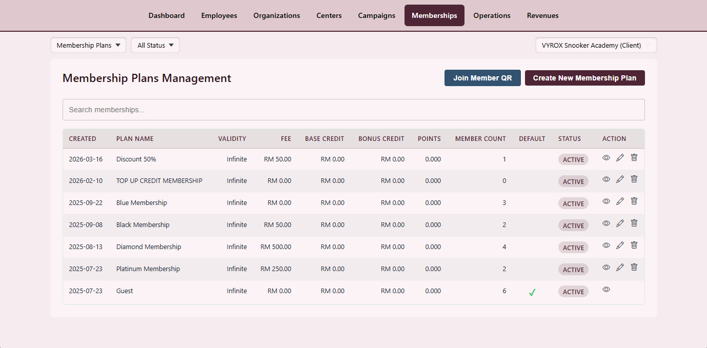 Snooker King software — Membership Plan Management screenshot showing a plan-builder for tier creation with validity period, joining fee, monthly fee, included credits and benefits matrix