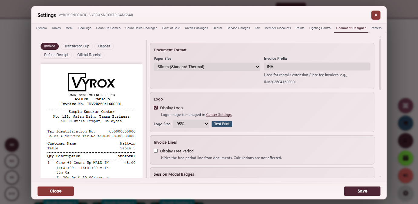 Snooker King software — Document Format Designer screenshot showing a drag-and-drop designer for receipt and invoice layouts with header, footer, logo, columns and dynamic merge-field tokens