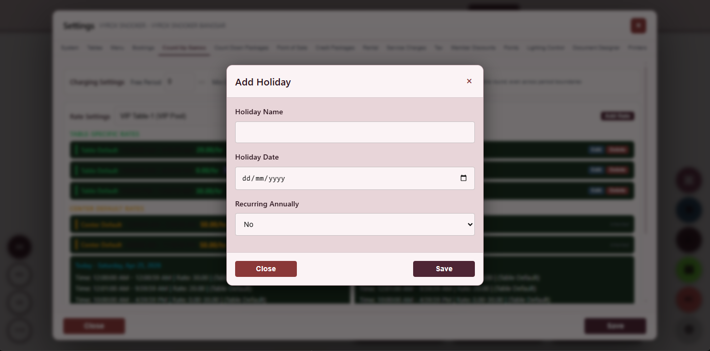 Snooker King software — Holiday Special Pricing screenshot showing a holiday calendar overlay that applies special hourly rates and surcharges on top of the base rate matrix