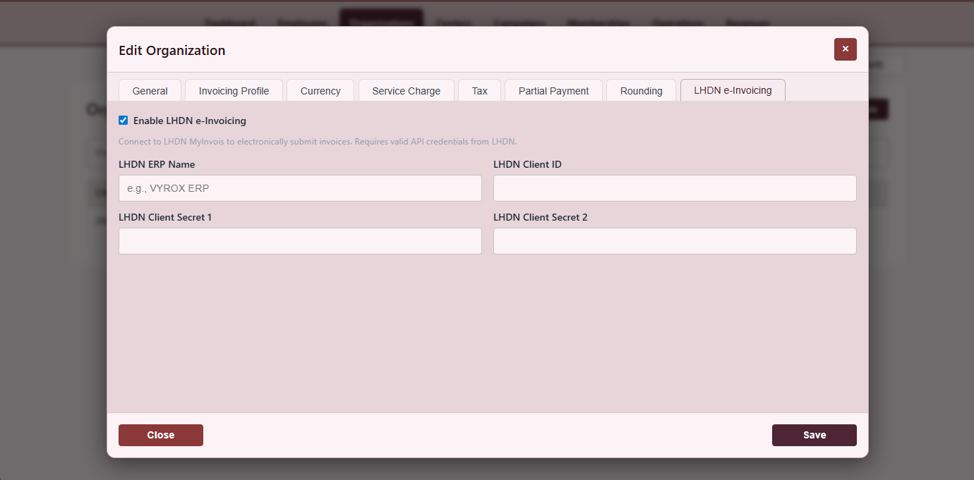 Snooker King software — LHDN e-Invoice Submission screenshot showing the Malaysian LHDN MyInvois submission screen showing TIN, validation status, IRBM unique identifier and PDF download