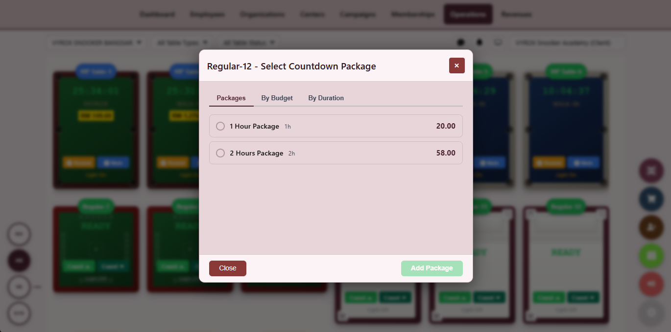 Snooker King software — Countdown Package Sale screenshot showing a prepaid package sale view where the operator picks a fixed-hour package, applies discounts and starts the countdown timer