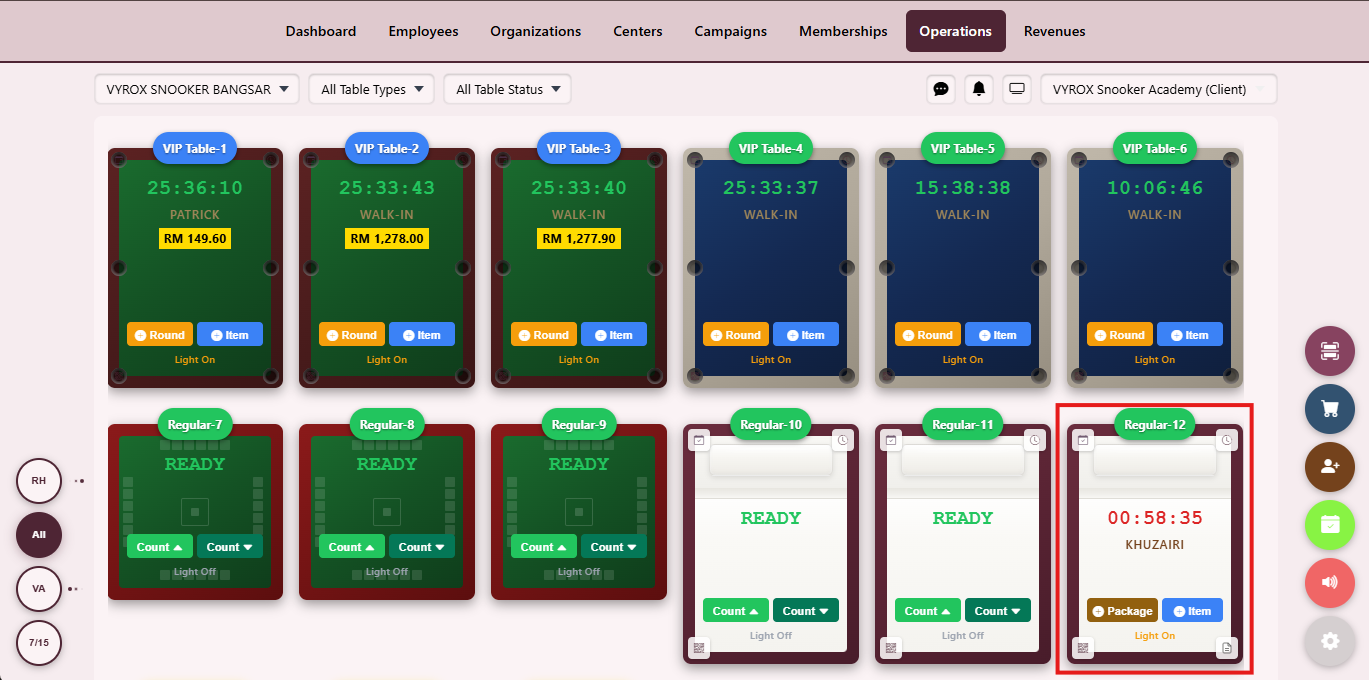 Snooker King software — Countdown Timer in Play screenshot showing a live table with a large countdown timer ticking down from a prepaid duration with audio cue at the final minute