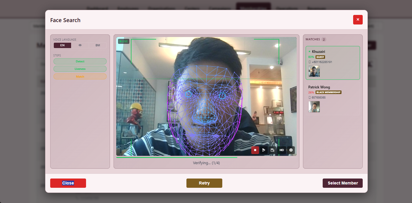 Snooker King software — Face Recognition Member Lookup screenshot showing a face-recognition kiosk view matching a live webcam frame to a member profile to auto-fill the table session
