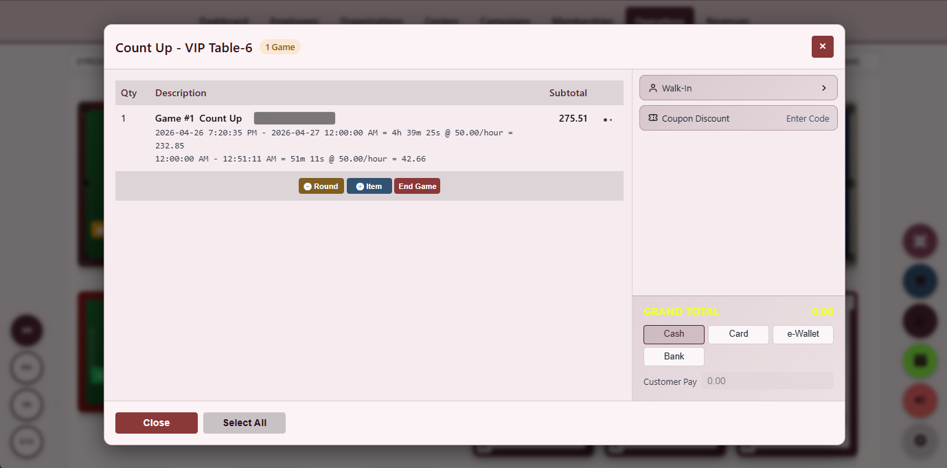Snooker King software — Game on the Run Open Play screenshot showing an open-play game-on-the-run mode that starts the timer without a prepaid package and converts to invoice on stop