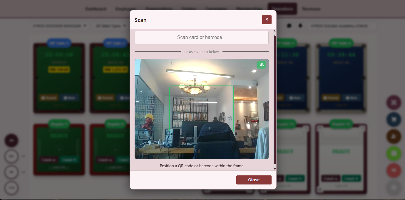Snooker King software — RFID and QR Scanner Check-In screenshot showing a check-in screen accepting RFID card tap or QR scan to identify the member before assigning a table