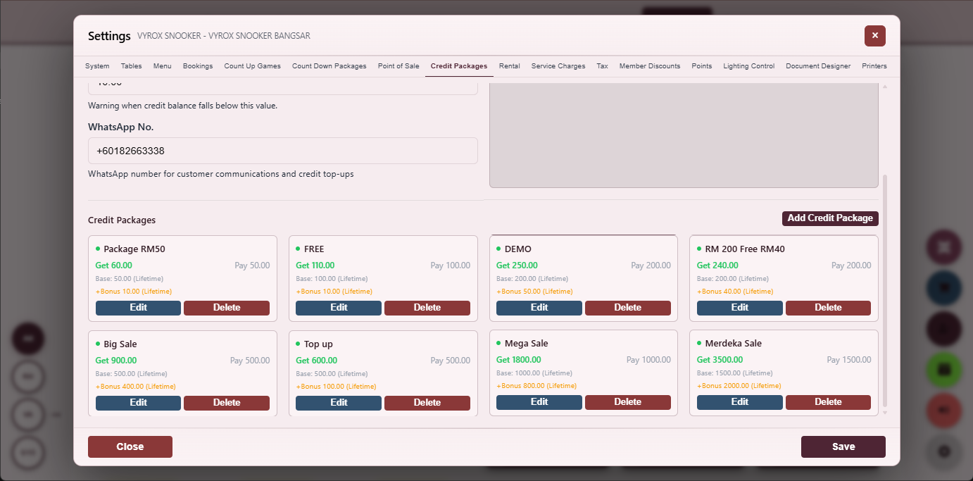 Snooker King software — Credit Package Settings screenshot showing a credit-package configurator setting top-up value, bonus credit, expiry rules and which payment surfaces accept the credit