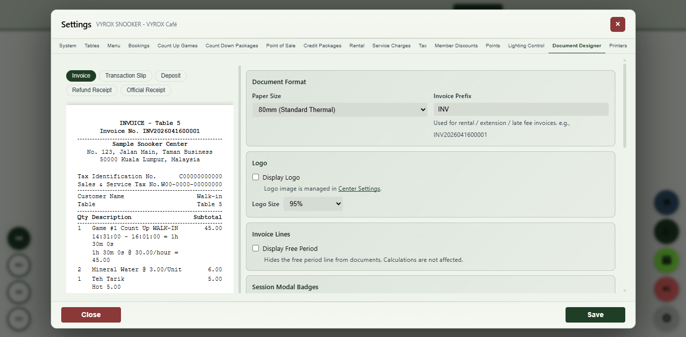 Snooker King software — Operation Document Designer screenshot showing an operation-side document designer with WYSIWYG layout, paper size selector and live receipt preview